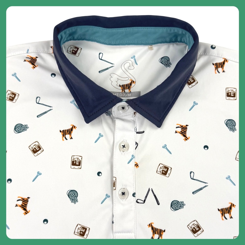 Swannies Golf Polo Shirt Men Medium White Tiger Goat Drink Club Print